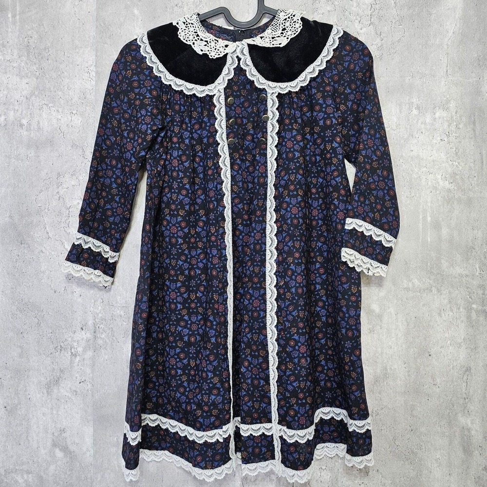 Vintage Gunne Sax Jessica McClintock Girls 5 Dress Floral Lace‎ Velvet Collar